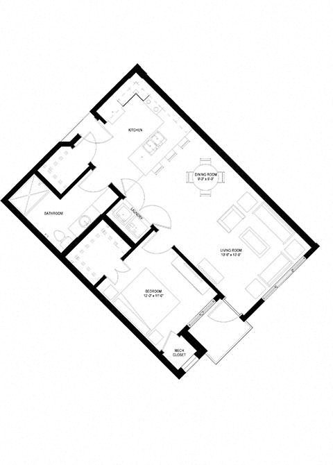 Floor plan for 1 bed, 1 bath, 816 sqft